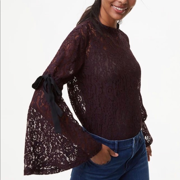 LOFT Tops - Ann Taylor Wine Lace Bell Sleeve Top NWOT
